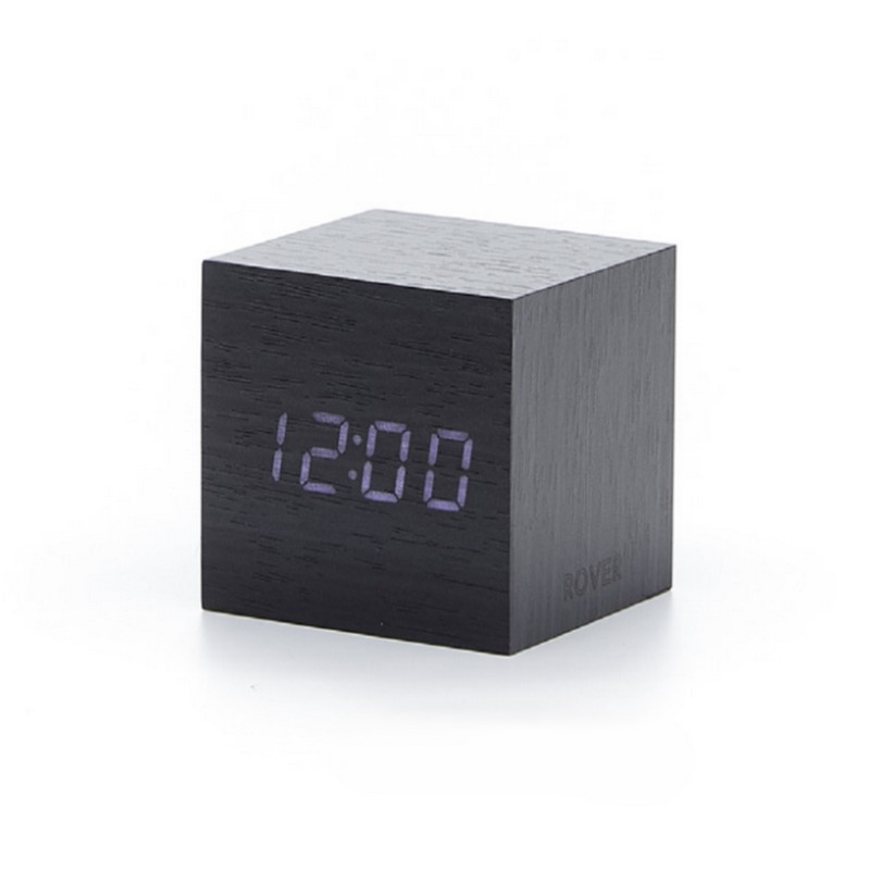 Orologio-sveglia digitale in legno nero con display LED e temperatura, a doppia alimentazione: cavo USB (incluso) o 3 pile AAA (mini stilo, non incluse)